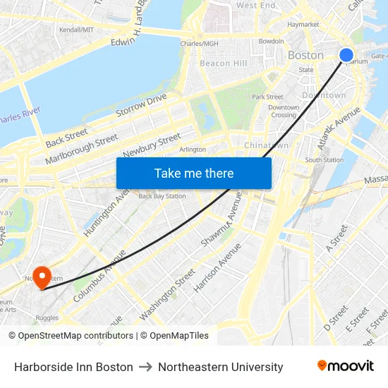 Harborside Inn Boston to Northeastern University map