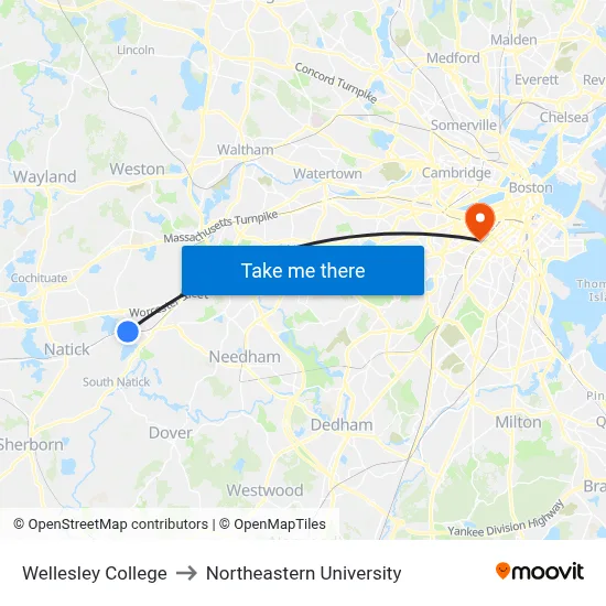 Wellesley College to Northeastern University map
