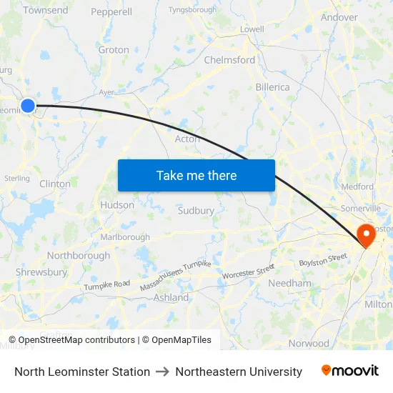 North Leominster Station to Northeastern University map