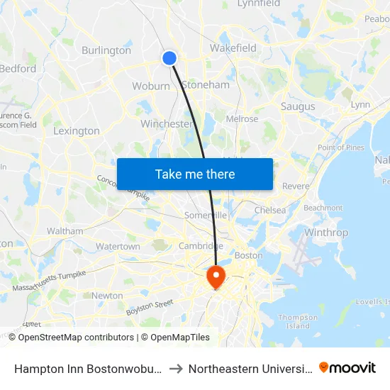 Hampton Inn Bostonwoburn to Northeastern University map