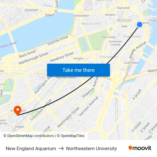 New England Aquarium to Northeastern University map