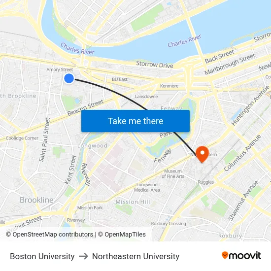 Boston University to Northeastern University map