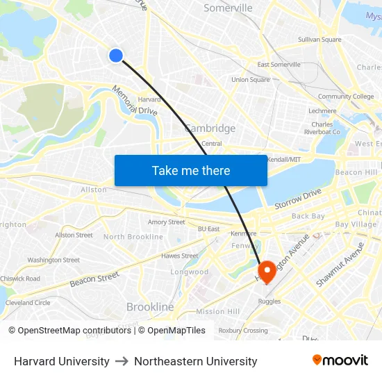 Harvard University to Northeastern University map