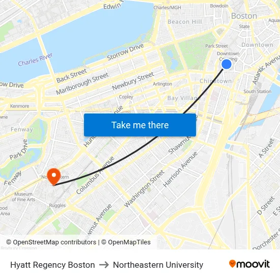 Hyatt Regency Boston to Northeastern University map