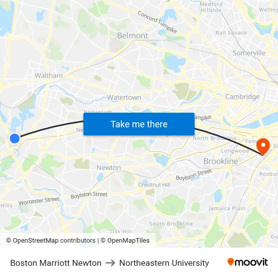Boston Marriott Newton to Northeastern University map