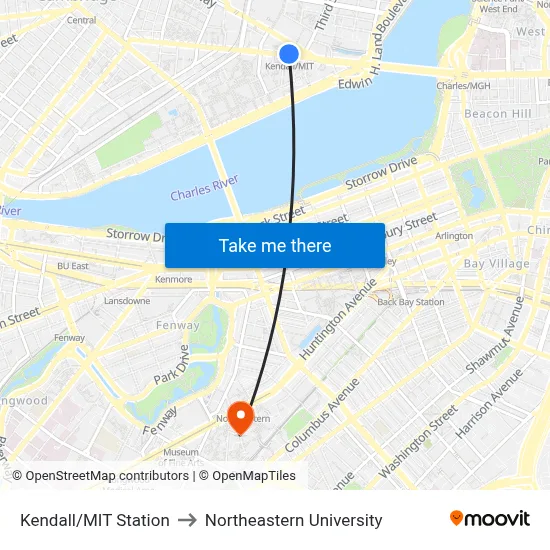 Kendall/MIT Station to Northeastern University map