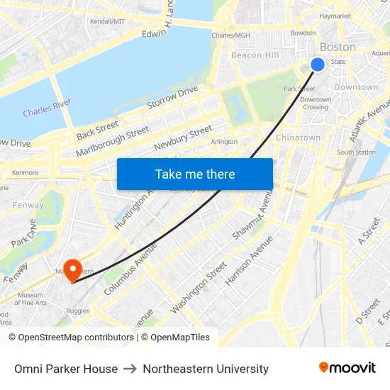 Omni Parker House to Northeastern University map