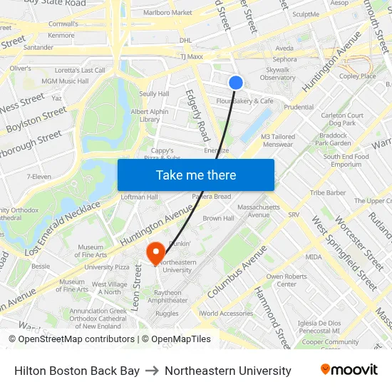 Hilton Boston Back Bay to Northeastern University map