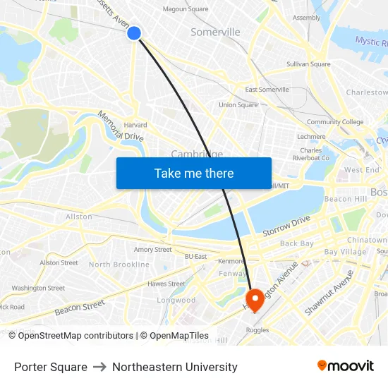 Porter Square to Northeastern University map