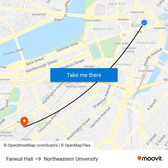 Faneuil Hall to Northeastern University map