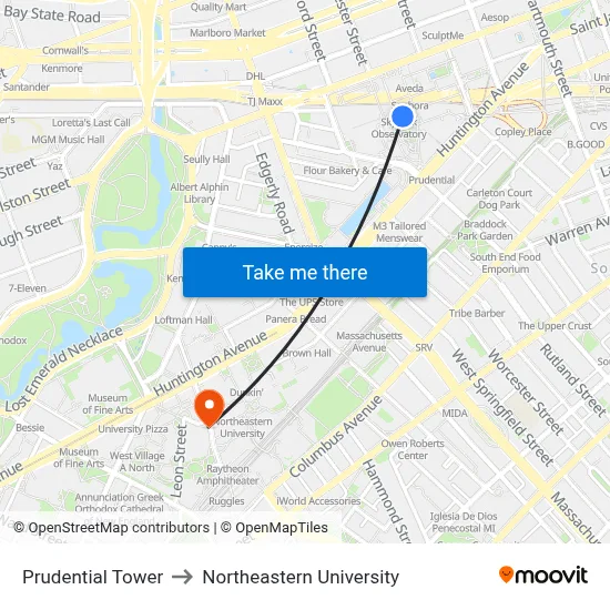 Prudential Tower to Northeastern University map