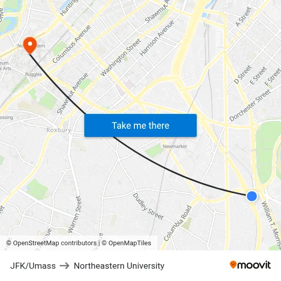 JFK/Umass to Northeastern University map