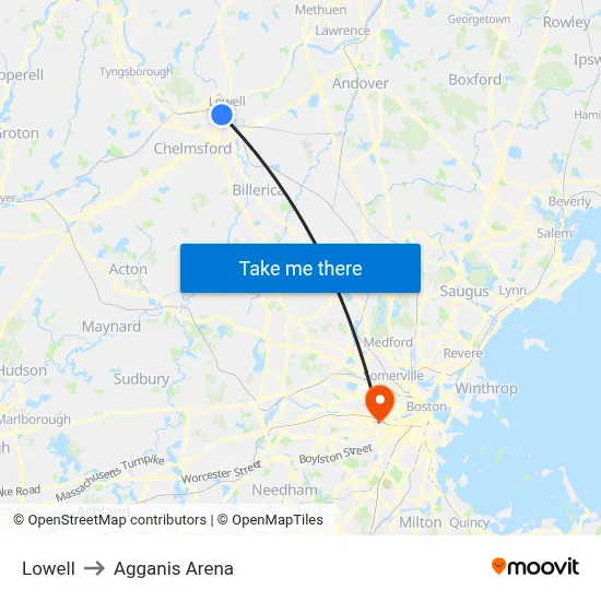Lowell to Agganis Arena map