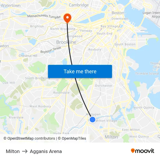 Milton to Agganis Arena map