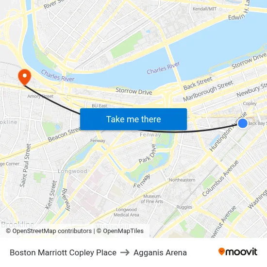 Boston Marriott Copley Place to Agganis Arena map