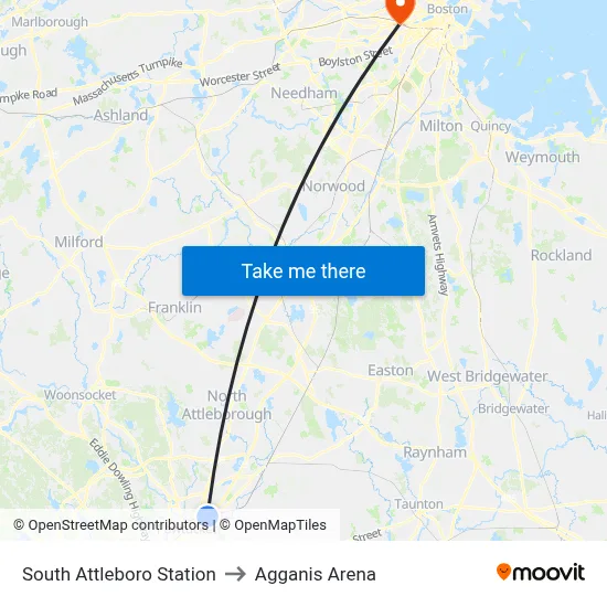 South Attleboro Station to Agganis Arena map