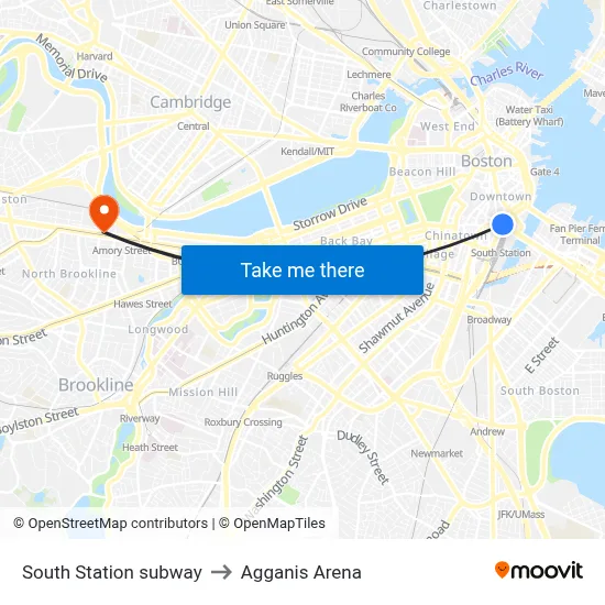 South Station subway to Agganis Arena map
