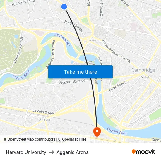 Harvard University to Agganis Arena map