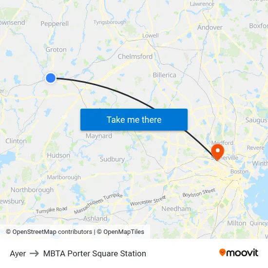 Ayer to MBTA Porter Square Station map