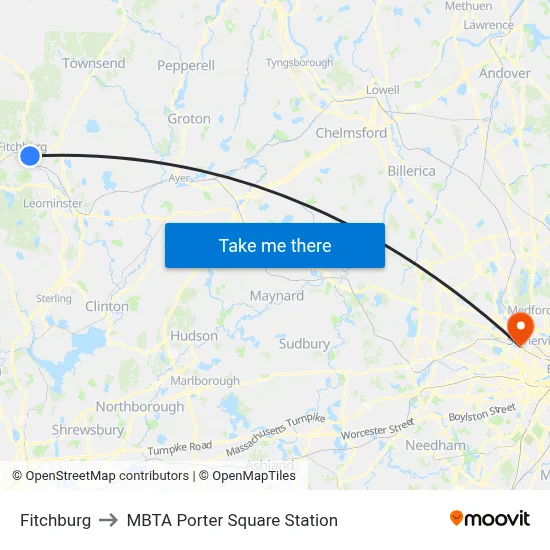 Fitchburg to MBTA Porter Square Station map
