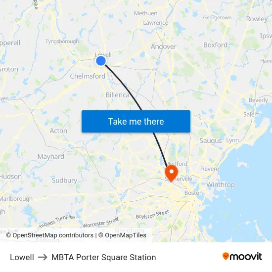 Lowell to MBTA Porter Square Station map