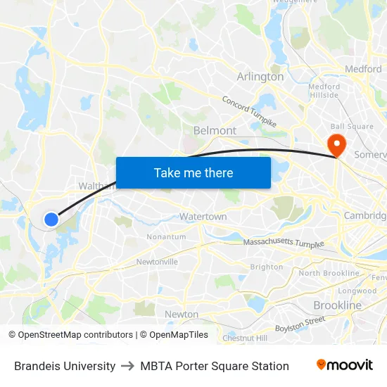 Brandeis University to MBTA Porter Square Station map