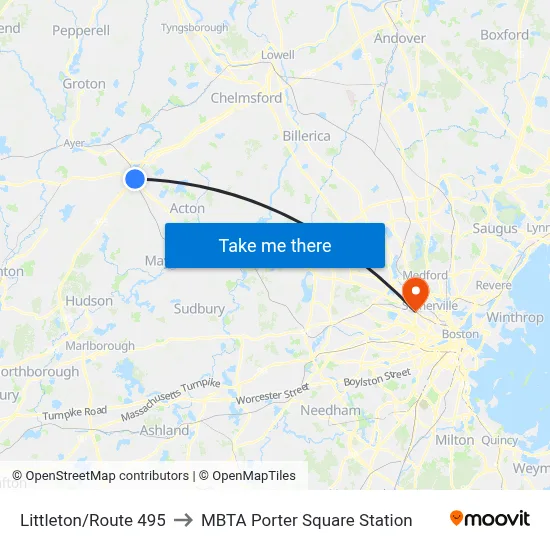 Littleton/Route 495 to MBTA Porter Square Station map