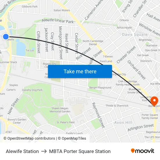 Alewife Station to MBTA Porter Square Station map