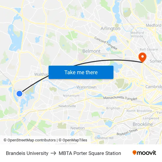 Brandeis University to MBTA Porter Square Station map