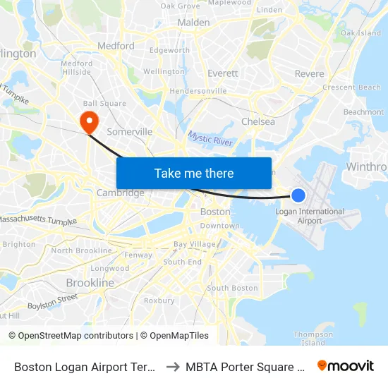 Boston Logan Airport Terminal C to MBTA Porter Square Station map