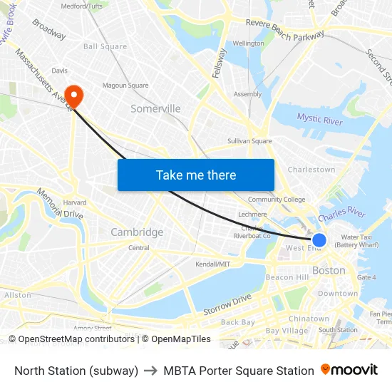 North Station (subway) to MBTA Porter Square Station map