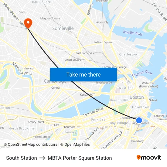 South Station to MBTA Porter Square Station map