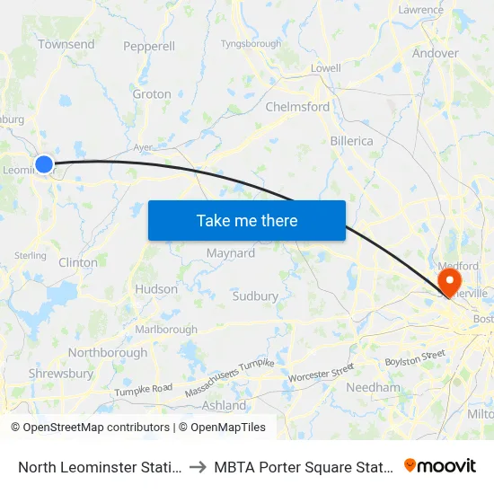 North Leominster Station to MBTA Porter Square Station map