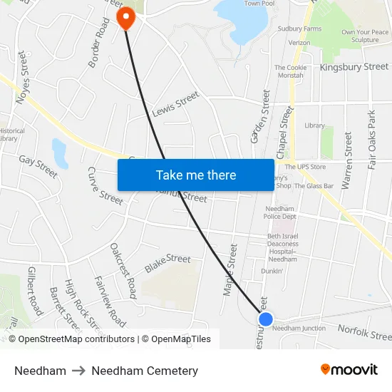 Needham to Needham Cemetery map