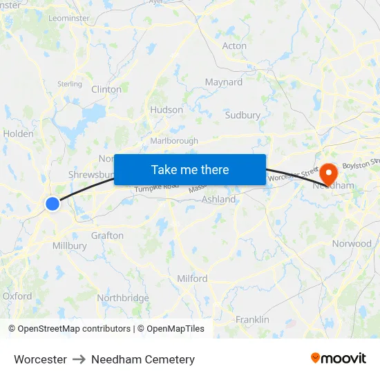 Worcester to Needham Cemetery map