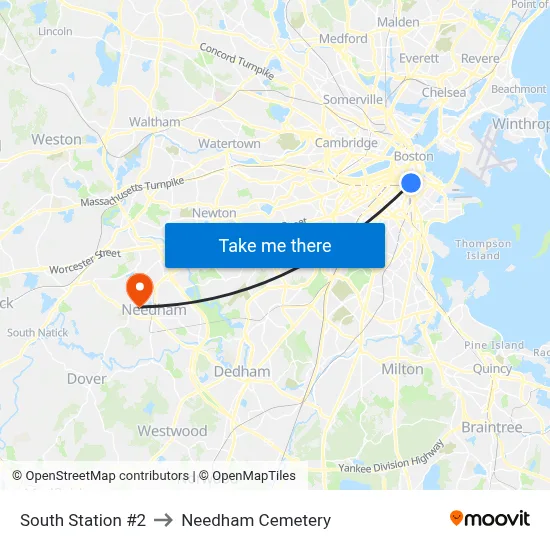 South Station #2 to Needham Cemetery map