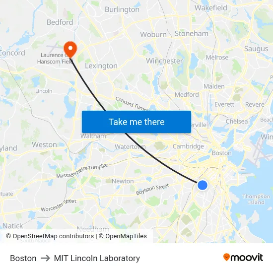 Boston to MIT Lincoln Laboratory map