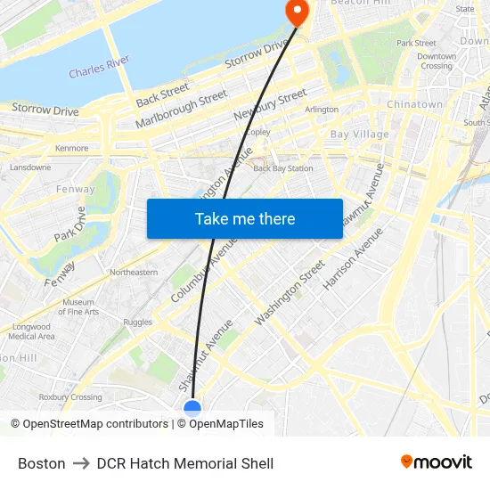 Boston to DCR Hatch Memorial Shell map
