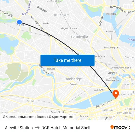 Alewife Station to DCR Hatch Memorial Shell map