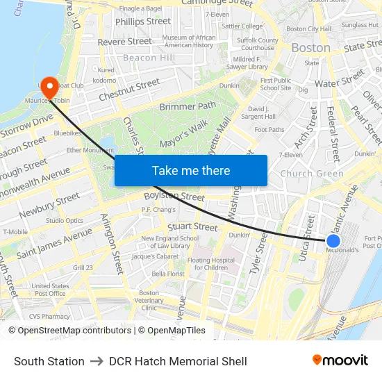 South Station to DCR Hatch Memorial Shell map