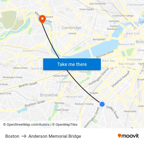 Boston to Anderson Memorial Bridge map