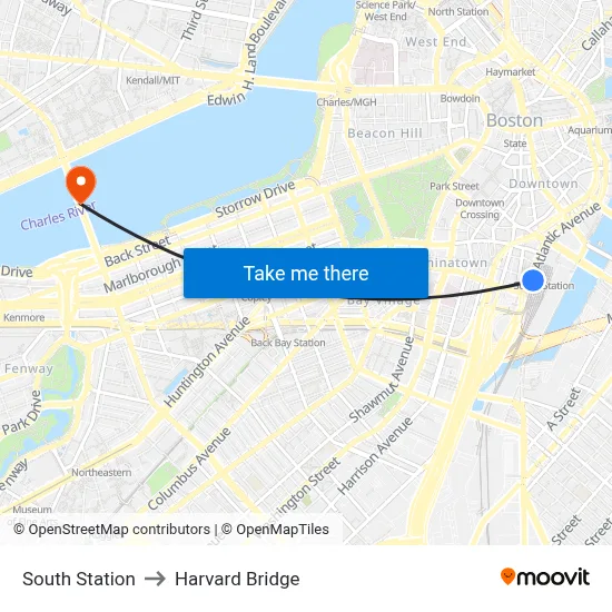 South Station to Harvard Bridge map