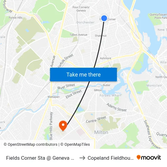 Fields Corner Sta @ Geneva Ave to Copeland Fieldhouse map