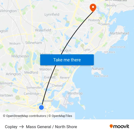 Copley to Mass General / North Shore map