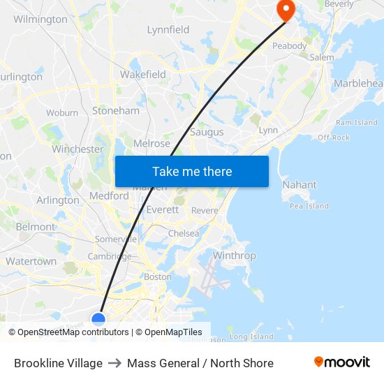 Brookline Village to Mass General / North Shore map