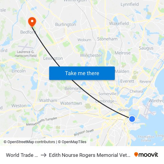 World Trade Center to Edith Nourse Rogers Memorial Veterans Hospital map