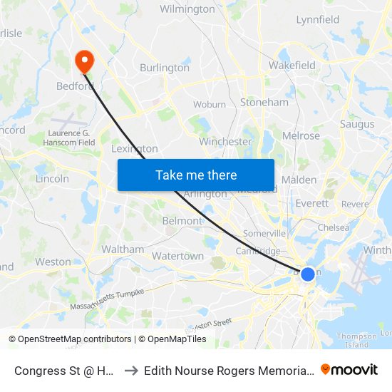 Congress St @ Haymarket Sta to Edith Nourse Rogers Memorial Veterans Hospital map