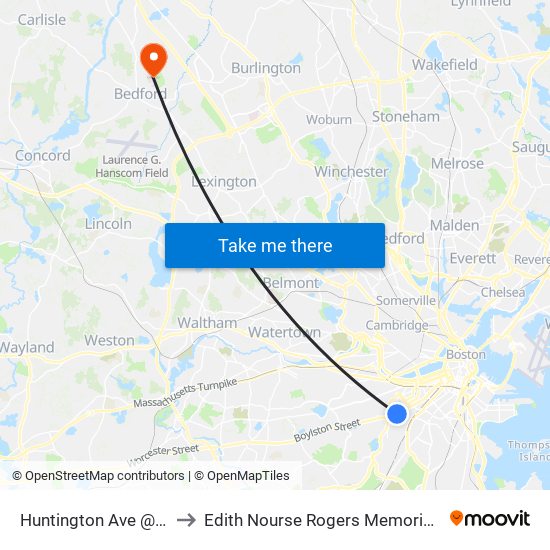 Huntington Ave @ Fenwood Rd to Edith Nourse Rogers Memorial Veterans Hospital map
