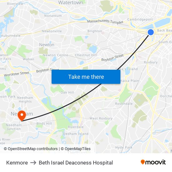 Kenmore to Beth Israel Deaconess Hospital map