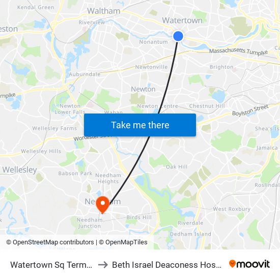 Watertown Sq Terminal to Beth Israel Deaconess Hospital map